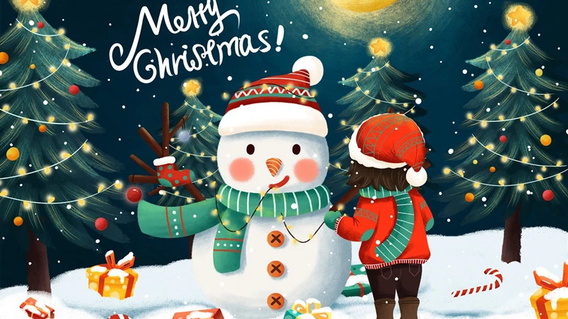 Christmas_Girl_Snowman_2021_Merry_Christmas_HD_Desktop_1366x768_